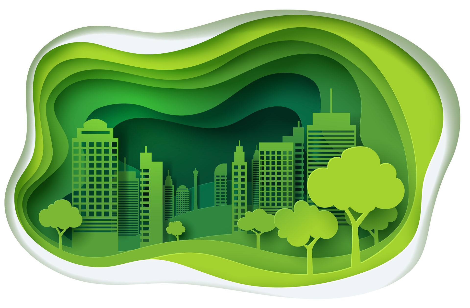 Asymmetrical graphic of a city, tinted green.